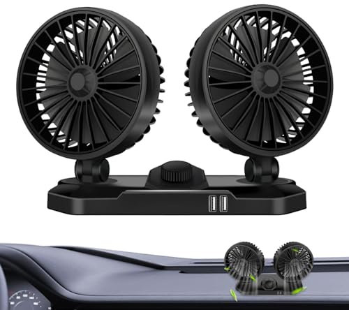 Moageme USB Fan for Car - 12V/24V Portable Car AC with Dual Heads | Backseat Air Fan with 2 USB Ports, Rechargeable Car Air Conditioner for Large Trucks