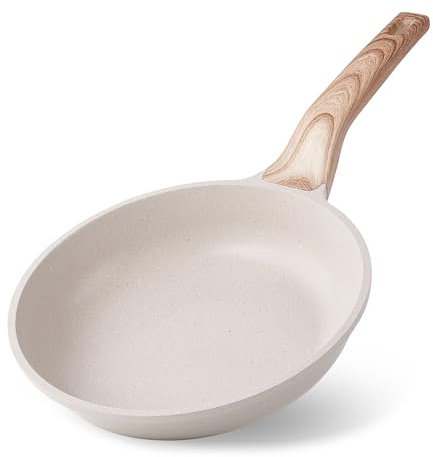 RIOVARM 24cm Induktion Antihaft Bratpfanne, Granit Pfanne, Eierpfannen ohne PFOA, Omelett-Pfanne mit Woodgrain-Bakelit-Griff, Beige Brat- & Universalpfannen für alle Herdarten, Kochgeschirr, 9.5 inch