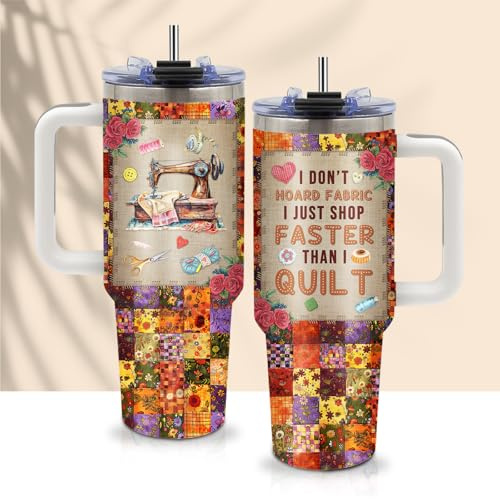CGMIBAS Funny Sewing Tumbler 40oz - I Don't Hoard Fabric I Just Shop Faster Than I Quilt Gift for Quilters, Sewing Lovers - Insulated Stainless Steel Cup with Handle & Straw