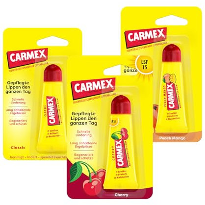 Carmex Classic und Flavor Tuben - Lippenpflege für trockene Lippen, Lippenbalsam feuchtigkeitsspendend und beruhigend für rissige Lippen, mit Vaseline, Vitamin E und Bienenwachs - (3er Set)