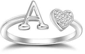SILBERTALE 925 Sterling Silber Herz Ring mit Buchstaben Verstellbarer Größe 52 bis 58 Initiale A-Z Buchstabering individuellen Modeschmuck mit Geschenkbox