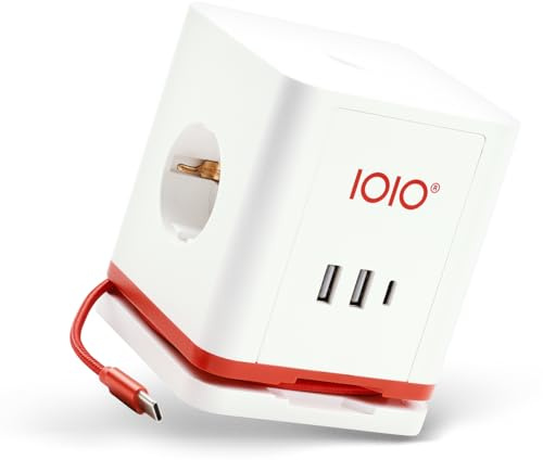 IOIO Steckdosenwürfel SW 1000 weiß | 3-Fach Schutzkontaktsteckdose mit 2X USB-A & 1x USB-C Slot | Büro & Office Mehrfachstecker | EIN-/Aus-Schalter | Aufrollbares USB-C Kabel | 16A/230V | 3680W