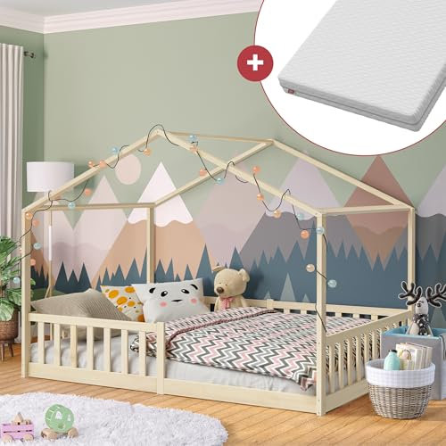 Bellabino Bia Kinderbett 140x200 cm – Hausbett mit Matratze, Rausfallschutz & Lattenrost – Montessori Bodenbett aus Massivholz Kiefer – Kinder Bett in Natur für Jungen und Mädchen