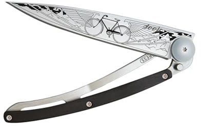 deejo - Couteau de Poche Pliant 37g - Manche en Ébène, Lame en Acier Inoxydable 8,4 cm - Motif Vélo - Couteau de Table, Randonnée, Camping, Bivouac