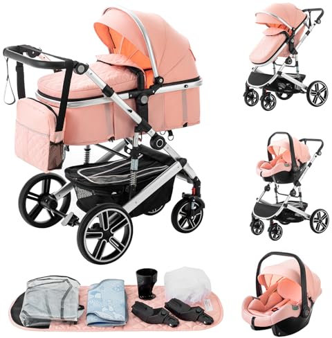 Zkiprm 3-in-1 Baby Kinderwagen Reisesystem, Kinderwagen und Autositz-Kombi, Kinderwagen mit höhenverstellbarem Griff, Babybuggy mit Moskitonetz, Reisewagen mit Aluminiumrahmen für Neugeborene 0-4