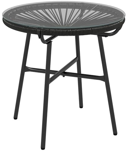 Outsunny Rattan Side Table, Round Outdoor Coffee Table, with Round PE Rattan and Tempered Glass Tabletop for Patio, Garden, Balcony, Black