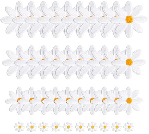 40Pcs Daisy Flower Iron on Patches Cute Floral Applique 4 Sizes Daisy Clothes Patches Iron on Patches for Clothes Pants, Hats, Backpacks, Jeans Jackets Bags Embroidered Appliques DIY Decoration