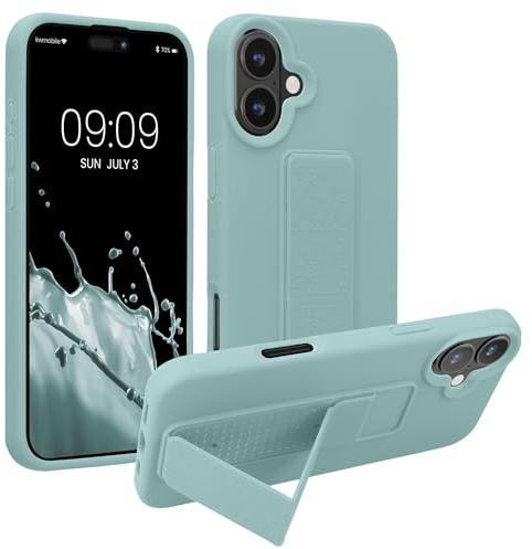 kwmobile Case for Apple iPhone 16 Plus Case - Soft TPU Cover with Silicone Coating - With Hand Strap and Stand Function - Shockproof - Mint