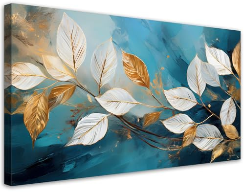 Feeby - Tableaux Decoratifs - Tableau Salon Grand Format - Feuilles blanches sur une branche Turquoise - 100x50 1partie - Tableau Decoration Murale - Toile Imprimée - Impression sur Toile Peinture
