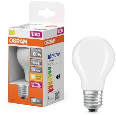 OSRAM Lampada LED Superstar forma lampadina A60 filamento dimmerabile, 2700 K bianco caldo, 5,9 W, E27, satinato, 806 lm, per lampade da soffitto e da terra, 15.000 ore