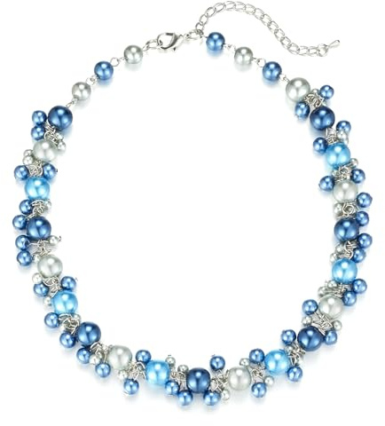FULU AUTUMN Collana Donna Perline di Perle Collana Girocollo Grosse con Ciondolo Perle Bigiotteria Elegante Regalo per Mamma(Blue)