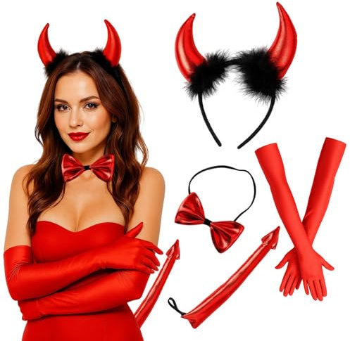 HcvGcm Teufel Kostüm Damen, 4-teiliges Set mit Teufelshörnern Haarspange, Teufelsschwanz, Fliege und Handschuhen, für Karneval, Halloween und Cosplay