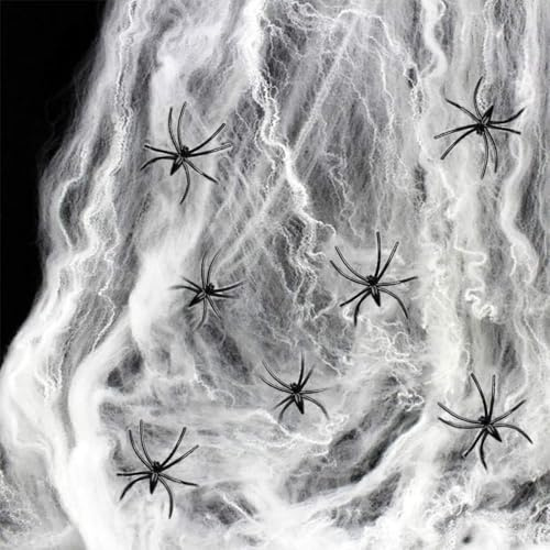 Halloween Toile d'Araignée, 40g Blanc Extensibles Toiles D'araignée avec 20 Fausses Araignées, Toile Araignée Extensibles Coton pour Halloween d'intérieur et d'extérieur, Décoration Effrayante