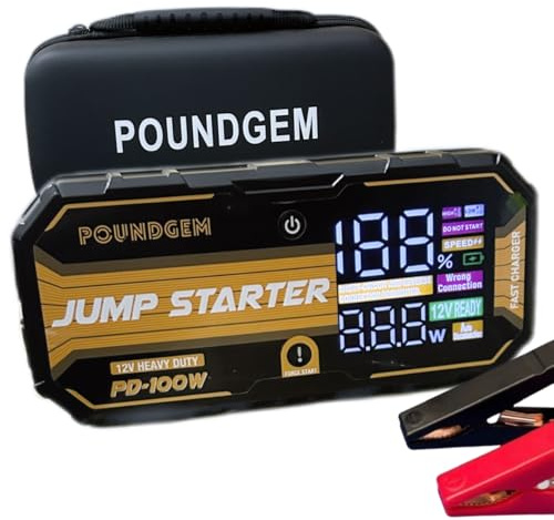 Poundgem 12V Heavy Duty Lithium Jump Starter Power Pack 88.8 Wh Ultra Safe Battery Booster upto 13+L Engine Support Car Van, Pickup Truck, 278W Power Bank LED Fast 1-hr Full Recharge Digital Display