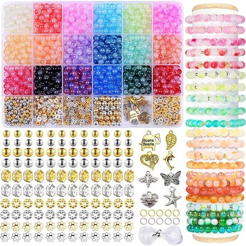 Set de cuentas para pulseras para manualidades, cuentas de cristal de 6 mm en 24 colores, cuentas redondas y coloridas con agujero, cristales para enhebrar para confección de joyas DIY, pulseras