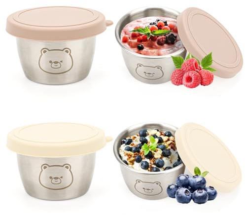 Yooyan 4 Stück Kleine Dosen mit Deckel, 70ml Salatgläser aus Edelstahl, Auslaufsichere, Mini Dip Behälter für Dressing Behälter, Brotdosen Zubehör, Camping Mini Dosen mit Deckel, Snackbox für Kinder