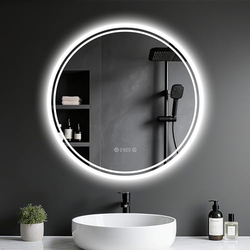 Archaluxe Badspiegel mit Beleuchtung - Badezimmer-Spiegel-LED mit Beschlagfrei, Touch-Schalter, Dimmbar, 3 Lichtfarben, Badezimmerspiegel Explosionsschutz Wandspiegel - Spiegel Rund mit Uhr 60cm