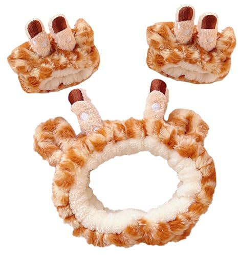 Outanaya Bandeau de Maquillage Girafe Pelucheux et Bracelet Assorti Visage, Bandeau Doux pour Se Laver le Visage, Accessoire Spa et Soins Peau, Lot Duo Animalier Kawaii, Usage Quotidien