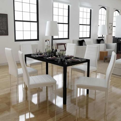YUTAASU 7-teilige Essgruppe in Schwarz und Weiß mit Tisch aus gehärtetem Glas und 6 Kunstleder Stühlen für modernes Wohnzimmer Esszimmer