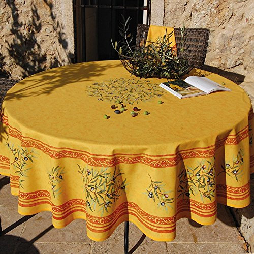 Nappe ronde coton enduit clos des oliviers jaune rouge 1m80