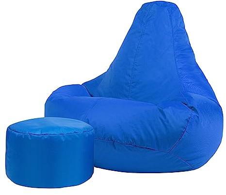 Bean Bag Bazaar Gaming Sitzsack mit Hocker für Erwachsene, Blau, Outdoor Sitzsack mit Füllung, Bean Bag, Wasserabweisender Stoff, Bequemer Sessel für Wohnzimmer, Garten, Terrasse