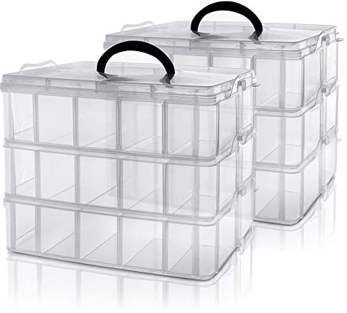 Kurtzy 3-stöckige Aufbewahrungsbox Plastik Transparent Stapelbar (2-er Pack) - Sortierkasten bis 30 Verstellbare Fächer zur Aufbewahrung von Nähzubehör, Bügelperlen, Schmuck, Kleinteile, Bastelkiste