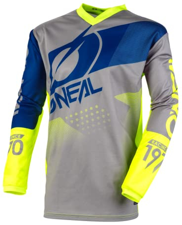 O'NEAL | Motocross-Jersey | MX Enduro Motorrad | Maximale Bewegungsfreiheit, Gepolsterter Ellbogenschutz, Atmungsaktives Material | Element Jersey Factor | Erwachsene | Grau Blau Neon-Gelb | Größe L
