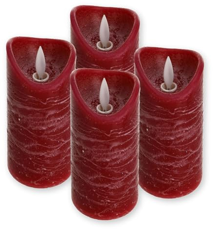 ToCi Lot de 4 bougies LED rouges - 7,5 x 12,5 cm - En cire véritable sans flamme - Avec flamme mobile et minuterie - Bougies piliers avec lumière LED pour l'Avent, la décoration, la lanterne funéraire