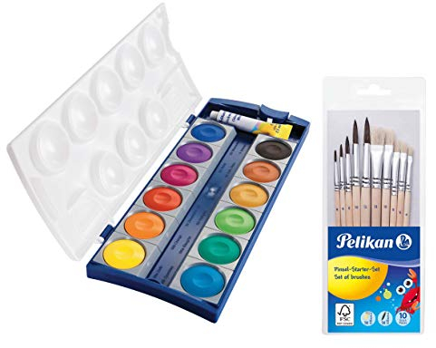 Pelikan 720250 Deckfarbkasten K12, 12 Farben + 1 Tube Deckweiß, Schul-Standard (Deckfarbkasten & 10tlg. Pinselset)