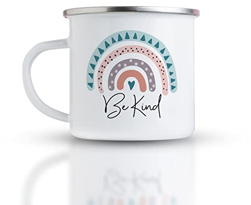 Pink Positive Be Kind Campfire Enamel Mug with Rainbow