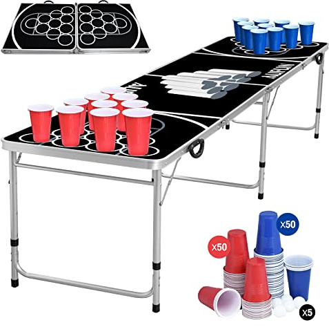 ACXIN Bierpong Tisch Set für Erwachsene, inkl. 5 Bälle und 100 Becher, Becherhalter, Höhenverstellbar/Klappbar – Beer Pong Tische, Beerpong, Bier Pong, Partytisch, Trinkspiele, Schwarz