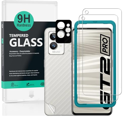 Ibywind Cristal Templado para Realme GT 2 Pro 5G 6.7,[2 Piezas],con Metálico Protector de Lente de Cámara,Atrás Pegatina Protectora Fibra de Carbono, Kit de instalación fácil