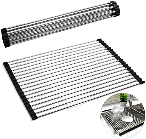 Scolapiatti Avvolgibile, Lavello Roll Up Dish Stendino, Lavello Griglia Scolapiatti Pieghevole, Piatto Scolapiatti Avvolgibile, Griglia Lavello in Acciaio Inox, per Cucina, 43 x 35 cm