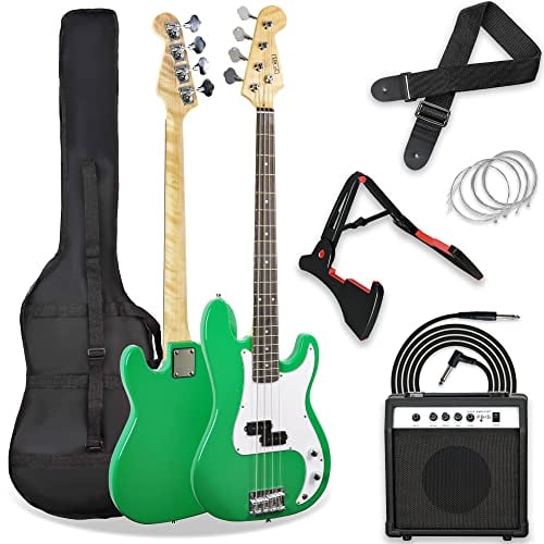 3rd Avenue Full Size 4/4 Electric Bass Guitar Beginner Pack Kit with 15W Amplifier, Bag, Cable, Strap, Stand and Spare Strings – Green