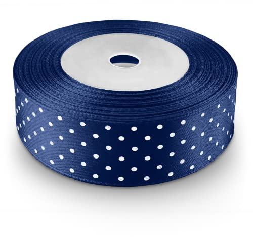 Netuno 1 x Satinband Dunkelblau gepunktet 25 mm x 22 m Schleifenband mit Punkten Geschenkband Dekoband Stoffband Satinrolle für Hochzeit Kommunion Taufe Geschenke Verpacken Blumen Dekoration Basteln