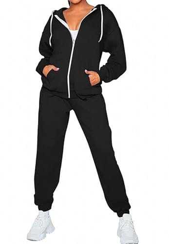 2-teiliges Plaid Trainingsanzug-Set Damen Weiches Fleece Kapuze Reißverschluss Oberteil und Jogginghose Loungewear Sweatsuit, Schwarz , 46