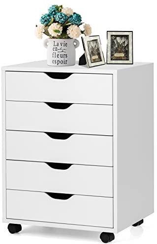 GIANTEX Rollcontainer mit 5 Schubladen, Aktenschrank mit Rollen, Schubladenschrank Holz, Druckertisch für Zuhause & Büro, 49 x 40 x 65 cm (Weiß, 5 Schubladen)