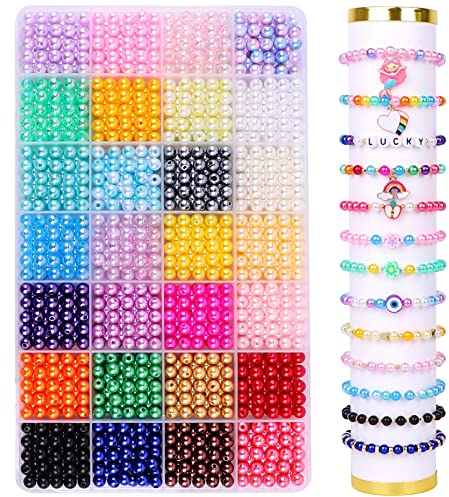 DIYDEC Cuentas de perlas de 28 colores para hacer joyas, 1680 cuentas redondas de cristal de plástico, cuentas espaciadoras de imitación teñidas para pulseras, collares, aretes, manualidades