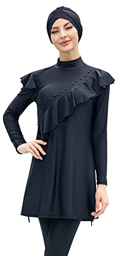 Odizli Burkini Damen Muslim Lang Große Größen Muslimische Badeanzug Islamische Arabische Langarm Rüschen Perle UV Shirt+Badehose+Badekappe Hijab 3tlg Modest Bademode Rashguard Schwimmanzug Schwarz 3XL