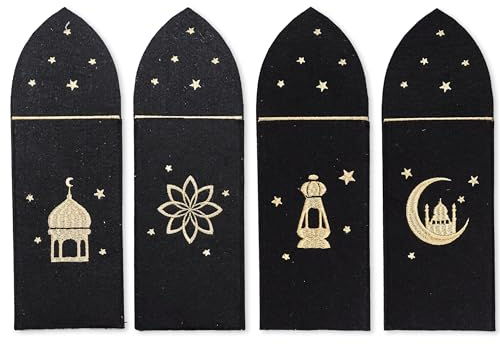 Papierdrachen 4 Ramadan Besteckhalter aus Filz - Schwarz & Gold mit hochwertiger Bedruckung - Eid Mubarak - festliche Tischdekoration - Set 2
