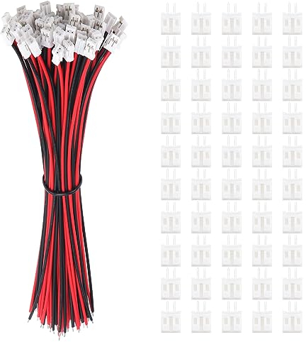 Lyeteung 50 Paires JST 2.0 PH 2 Pin Connecteur, Micro JST PH 2.0 2-Broches Connecteur Plug Mâle avec Câble de 150mm 22AWG et Femelle (Noir Rouge)
