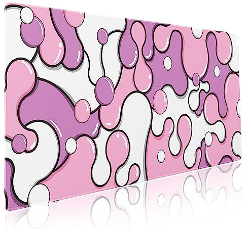 Grand tapis de souris pour gaming motif anime géométrique japonais, dos antidérapant en caoutchouc et bords cousus, rose/violet pastel, taille XXL, 90 x 40 cm