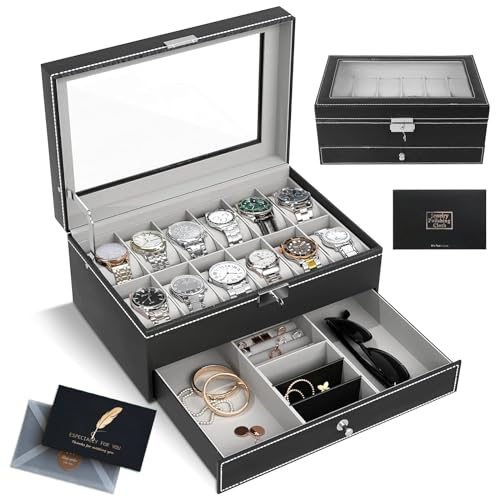 SAMISO Uhrenbox,2-stöckige Uhrenkasten mit Glasdecke,mit Schublade Luxus-Uhrenkasten,Uhr Aufbewahrungsbox,Uhrenbox aus Leder mit 12 Fächern,Watch Case, Jewelry Box