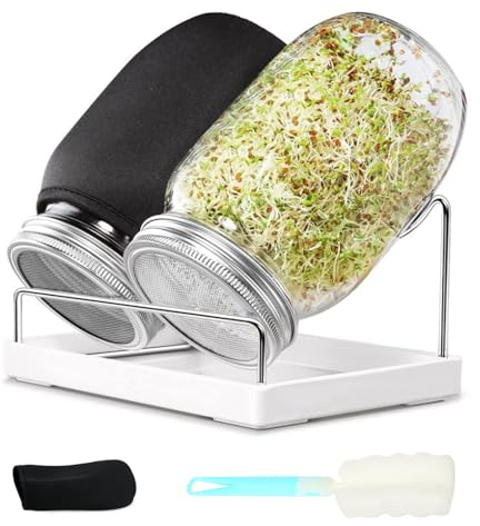 AKOLAFE 2er Set Sprossenglas Keimglas 1000ml Keimglas für Sprossen keimgläser 32oz Sprossenglas Keimglas Set mit 1 Einstellbare Halterung 1 Weiß Drip Tray 2 Haube fürHülsenfrüchte, Nüsse, Alfalfasamen