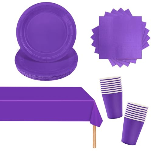 POPOYU 53 Pezzi Stoviglie per Feste di Compleanno Viola, Stoviglie Carta Set, Piatti di Carta Tovaglioli Bicchiere di Carta Stoviglie Tovaglia per Compleanni, Matrimoni, Decorazioni Natalizie