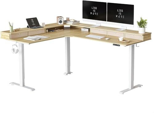 FEZIBO DREI Motoren Schreibtisch Höhenverstellbar Elektrisch mit 5 obere Schublade, L Form Stehpult, Links und rechts austauschbar, 190 x 160 cm eckschreibtisch, Weiß Rahmen/Natürliche Tischplatte