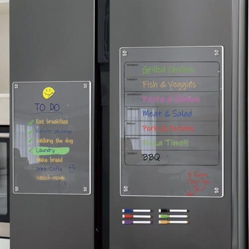 Pizarra magnética acrílica transparente para planificar comidas, pizarra magnética de borrado en seco con 6 marcadores para nevera (A3+A4)