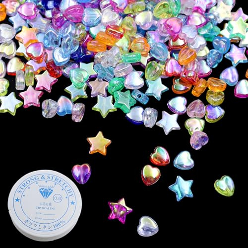 600 Stück Sternform Farben Perlen und Herzperlen mit 1 Rolle 0,8mm Band für Armbänder Acryl Stern Perlen Bunte Stern und Herz Perlen Transparent Bunte Perlen zum Auffädeln Armbänder Selber Machen