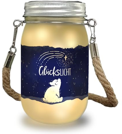 speecheese Eisbär Solarlicht mit Spruch Glückslicht ein niedliches Dekolicht für die Terrasse Frauen Dekolampe Einmachglas Solar Hoffnung Deckel Lampe nostalgischer Strick Henkel