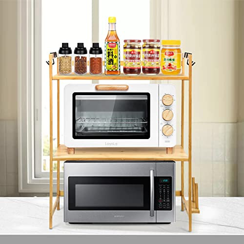 Soporte Microondas de Madera, Estante para Horno de Microondas, Estante de Cocina con 4 Ganchos, Estantería Cocina (2 Niveles-52 * 30 * 35cm)